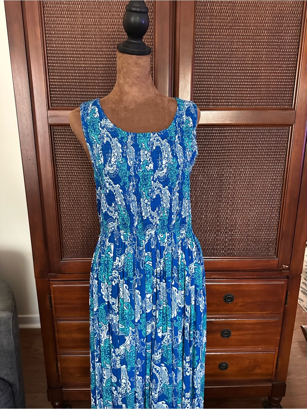 Blue Printed Sleeveless Women's Maxi Dress
